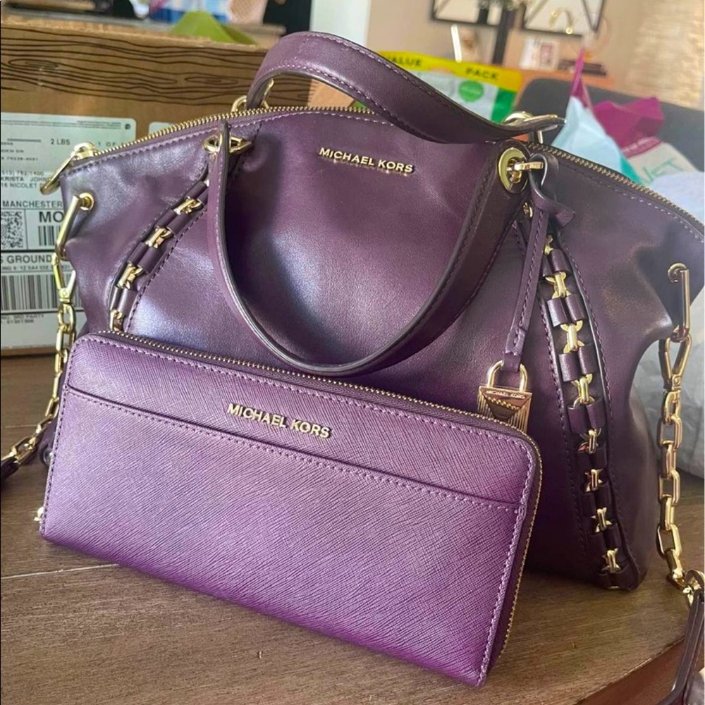Michael Kors Handbag & Wallet (purple/plum with gold hardware)